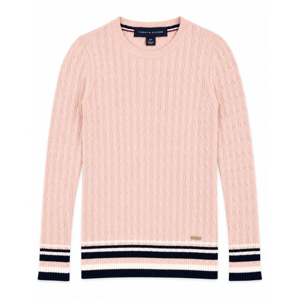 Tommy Hilfiger Women’s Cable Knit Sweater S/P Pink Navy White Stripe Crew